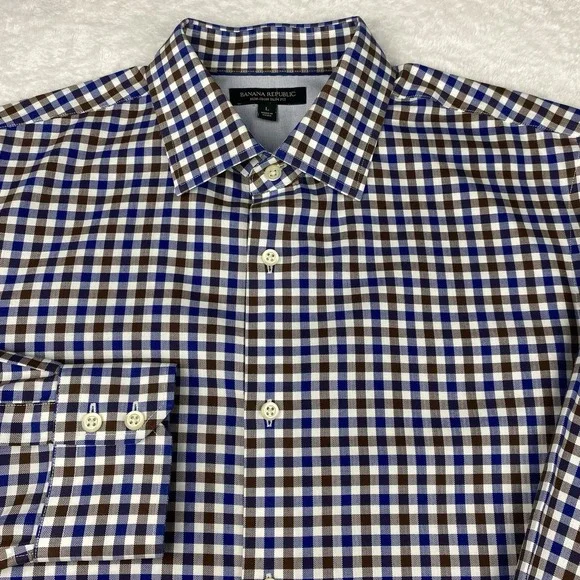 Banana Republic Dress Shirt Mens Large Blue/Brown Checks Slim Fit Non-Iron