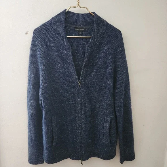 Banana Republic Mens XL Blue Wool Linen Blend Full Zip Ribbed Cardigan Sweater