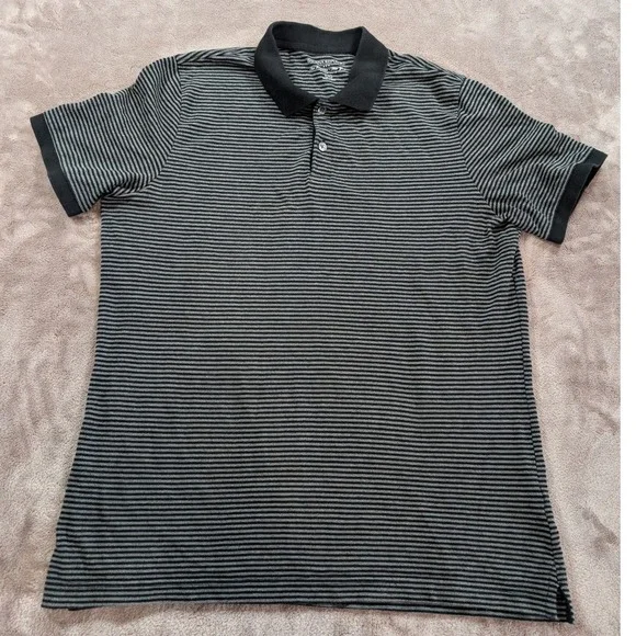 Banana Republic Mens Polo Shirt Large Black Grey Striped Short Sleeve Cotton L/G