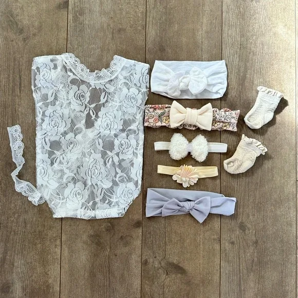 Baby girl boho accessory lot Headbands, lacey bodysuit, socks
