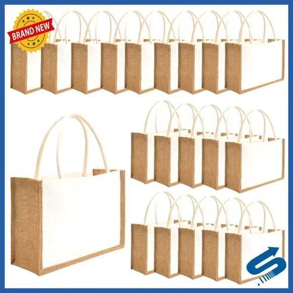 Reusable Jute Tote Bags Water Resistant Beach Grocery DIY Blank Canvas Set