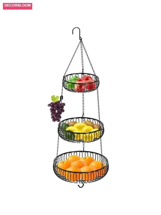 Adjustable Metal Hanging Fruit Basket Oblate Shape 3-Tier Kitchen Storage
