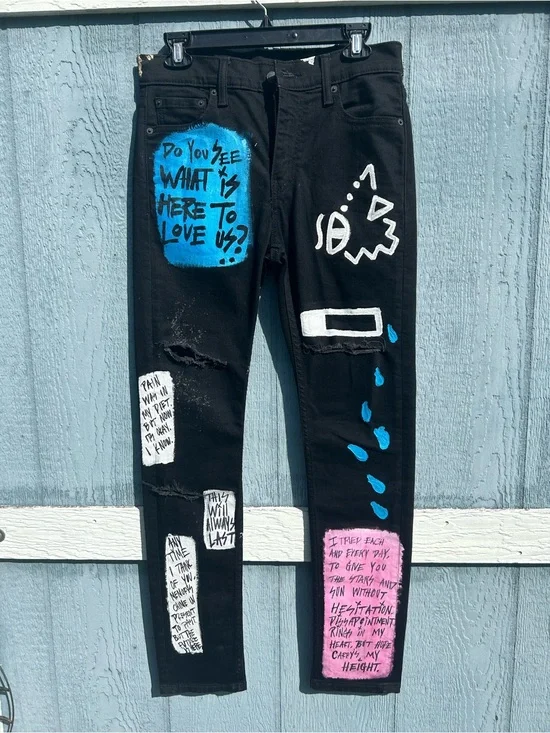 Hand-Painted Black Skinny Jeans with Blue & Pink Graffiti on Levi 510 jeans New