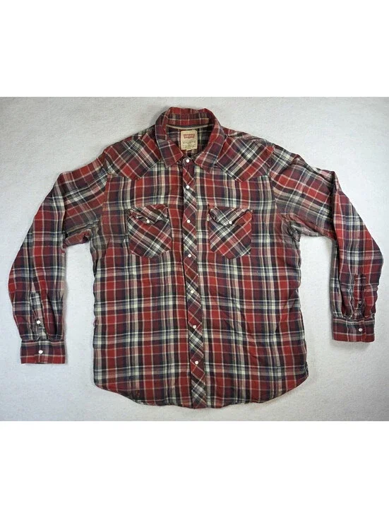 Levis Mens Large Red Blue Plaid Flannel Western Pearl Snap Rodeo Work Shirt FLAW