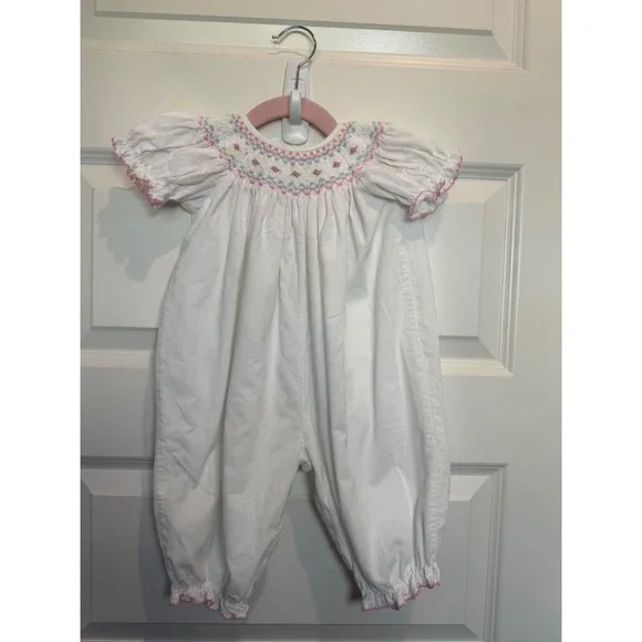 8.Petit Bebe White Corduroy Smocked Rosebud Bubble Romper 6M Pink Blue Trim