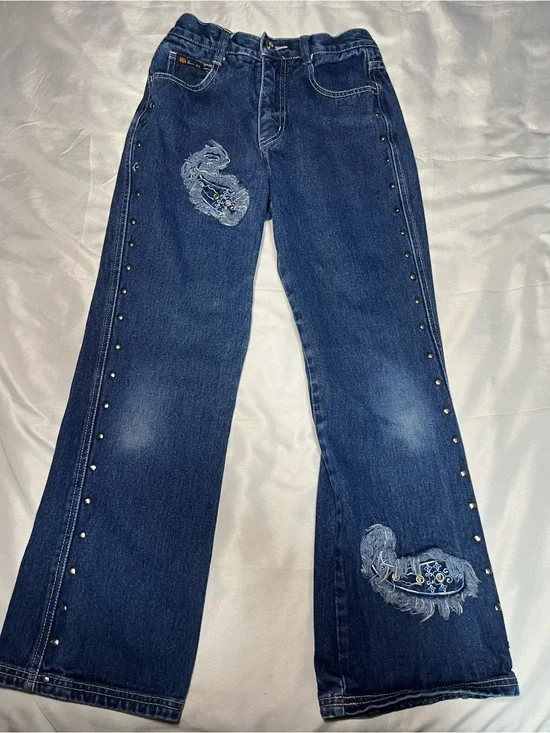 VTG Route 66 Girls Size 10 Embroidered Yin Yang Flare Jeans Y2K Blue Denim