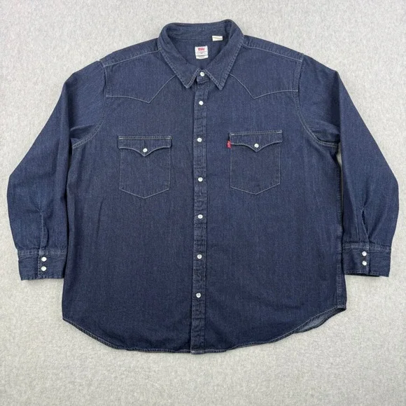 Levis Shirt Mens 2XL Dark Wash Blue Denim Pearl Snap Long Sleeve Western Cowboy‎