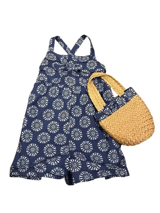 Tommy Bahama Girls Blue White Cotton Romper with Matching Straw Tote Bag Size 5
