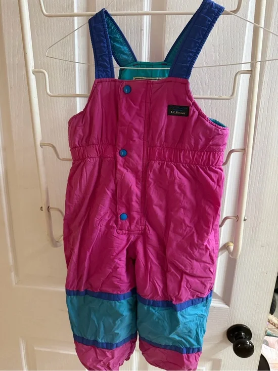 Vintage Y2K L.L. Bean Girls' Pink and Teal Snow Bib Overalls
