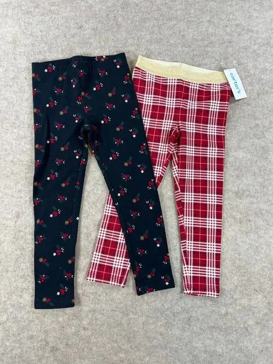 Carter's Christmas Red Plaid Black Floral Pants Leggings Girls Size 4 NWT
