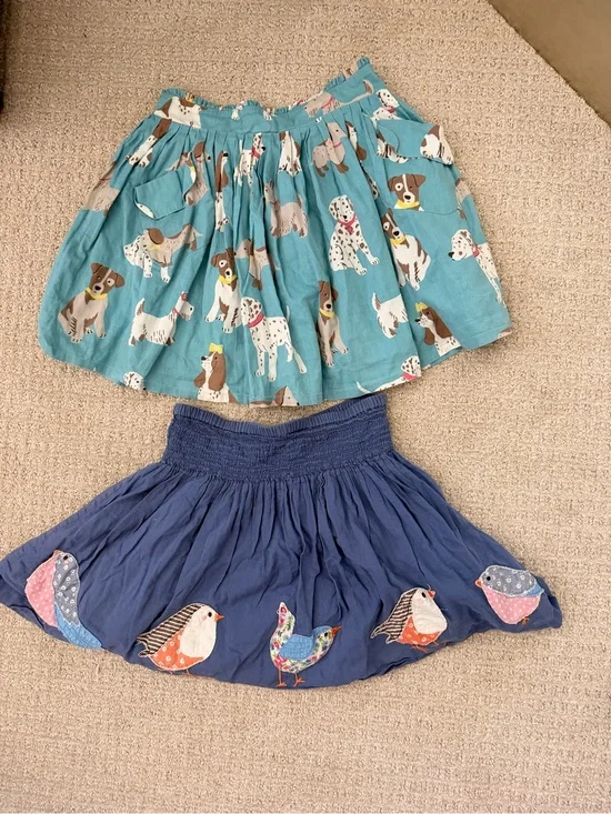 Mini Boden Teal Dog Print & Navy Bird Embroidered Girls Skirts