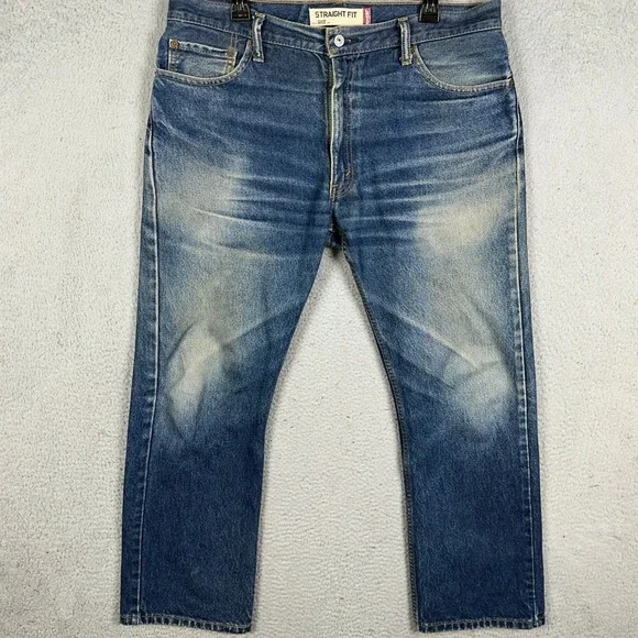 Levi 505 Jeans Mens 36X30 Blue Straight Fit Distressed 5 Pocket Red Tab Denim