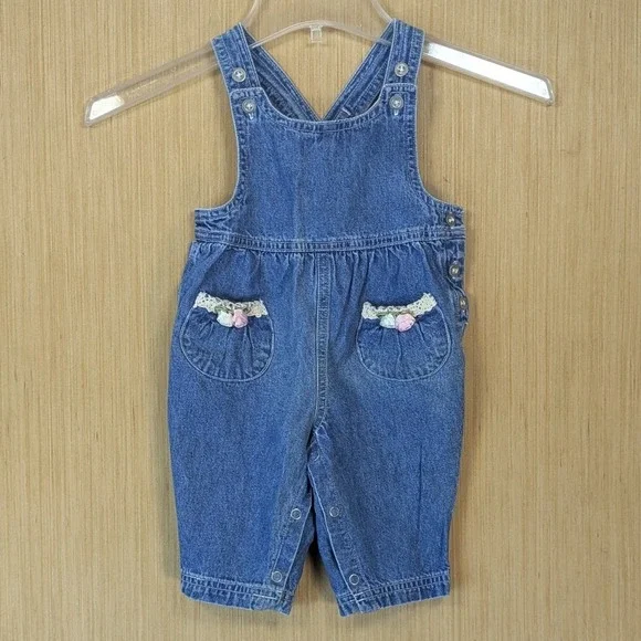 Class Club Baby Denim Overalls Girls 6M Blue Floral Pockets Vtg Retro‎ Cottage