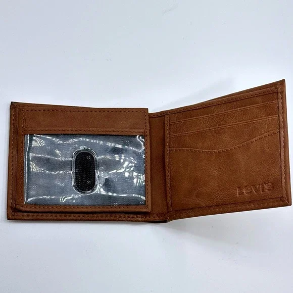 Levis Mens Tan Bifold Wallet Faux Leather ID Window Logo 31LV240013