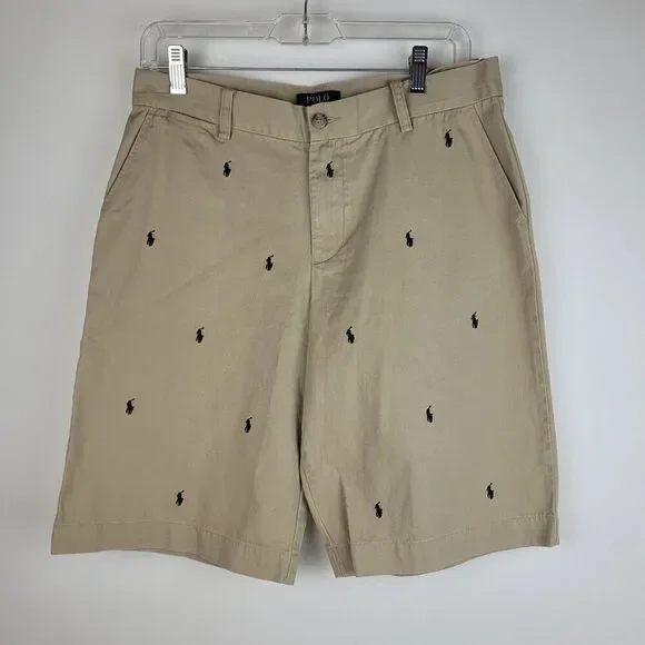 Vtg Polo Ralph Lauren Big Boys Sz 20 Signature Logo Pattern Shorts Tan Navy