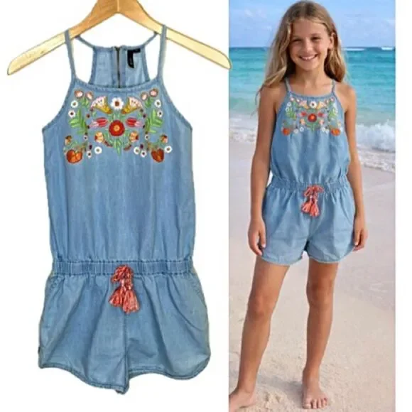 JOE'S Kids Chambray Tencel Denim Floral Embroidered Tank Romper Girls Size 10