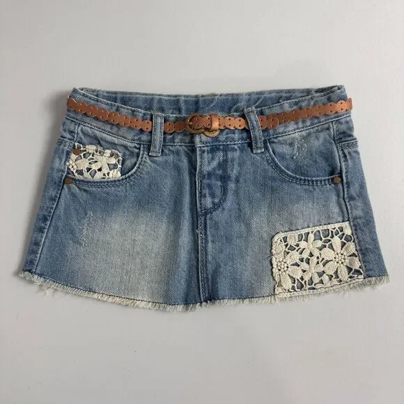 Zara Baby Girl Denim Skirt Belted Crochet Lace Detail Size 12 - 18 Months