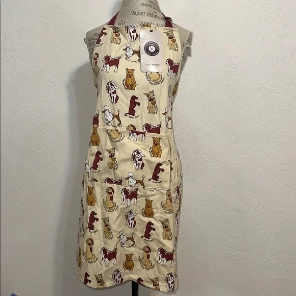Chef Central Canines Full Apron Cotton Dog Breed Print Cream Burgundy New