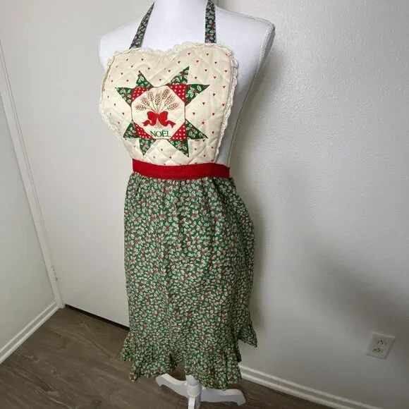 Vintage Christmas Floral Quilted Red & Green Ruffle Apron