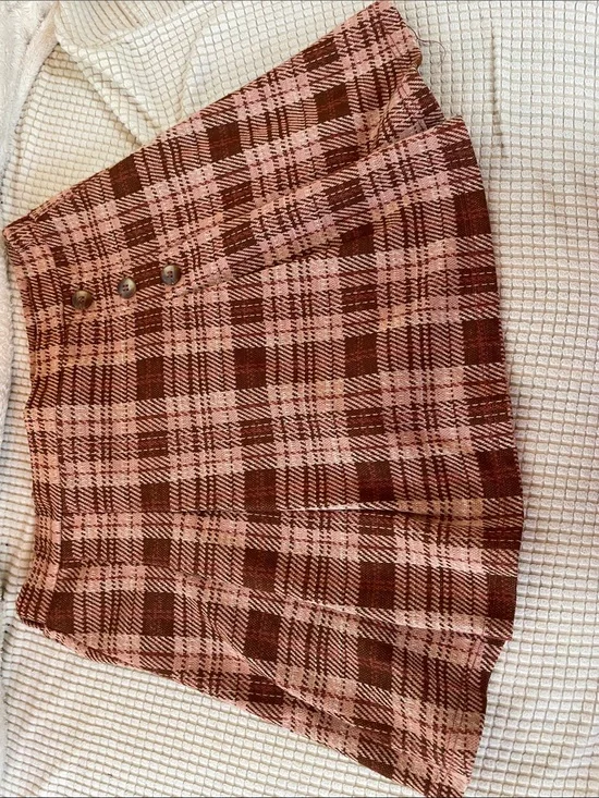 Knitworks Pink and Brown Plaid Skort with Side Button Detail