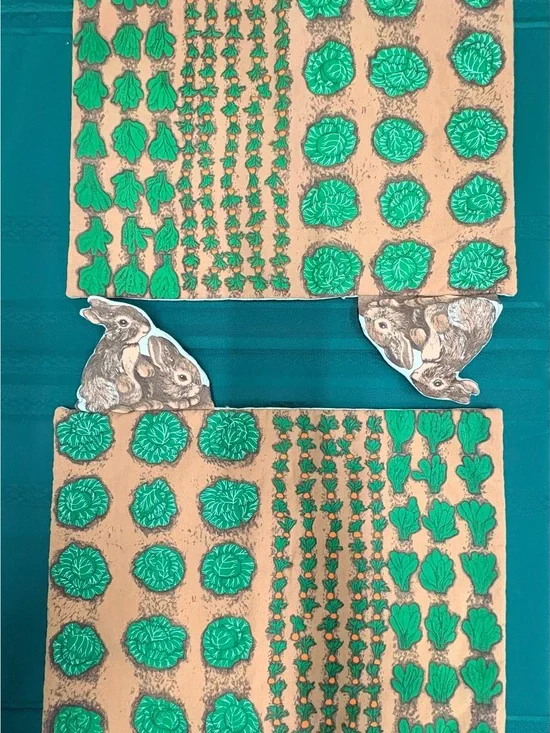 Two Handcrafted Whimsical Garden Patch Bunny Placemats – Fabric by Dustyn Schear