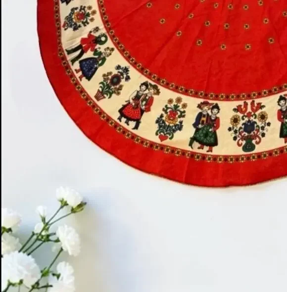Vintage Austrian Folk Art Round Tablecloth 62” Red Floral DELLA TORRE 3757/20