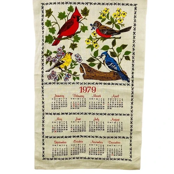 Vtg 1979 Calendar Tea Towel Birds‎ Cardinal Robin Finch Jay Linen 17x27 Display