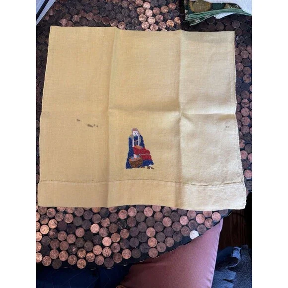 Vintage Tea Towel Yellow Embroidered Female with Basket Cottage Core