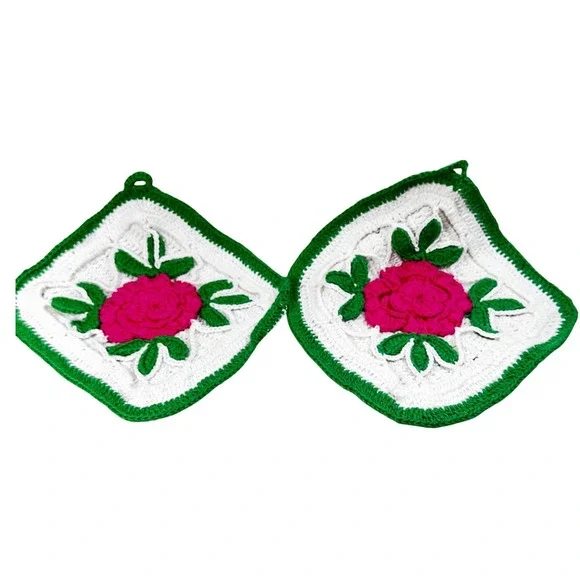 Vintage‎ Handmade Crochet Rose Potholders Set of 2 Pink Green White Cottagecore