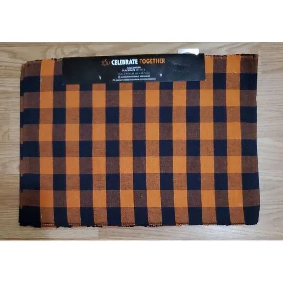 Halloween Woven Placemats Set‎ of 4 Black and Orange plaid Reversible 13 x 18 in