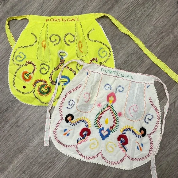 Vintage Portugal‎ Half Apron Set of 2 Yellow White Folk Hand Embroidered Pockets
