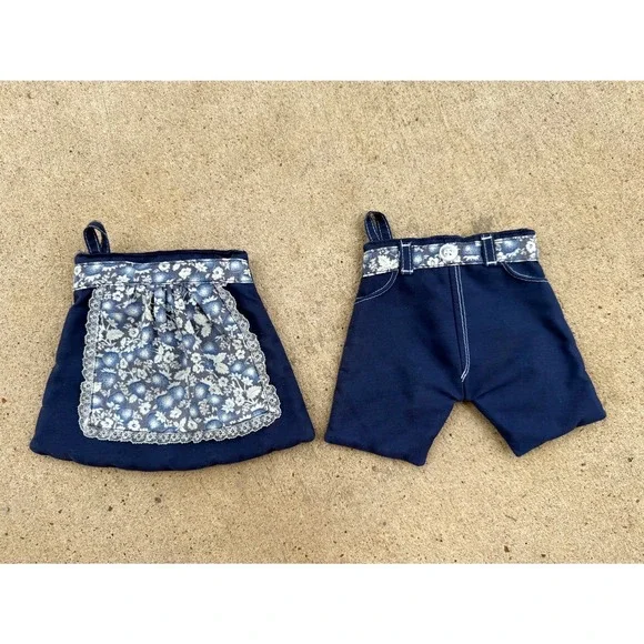 Vintage Handmade Pot Holders Set‎ Apron Pants Blue Floral Lace Country Cottage
