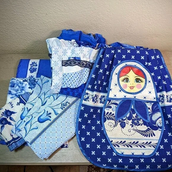 Russian Gzhel Pattern Linen and Lace Apron, Blue and White, 9-Piece Set