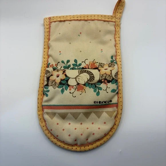 Vintage Franco Mushroom Floral Oven Mitt Yellow Polka Dot Cottagecore Retro‎