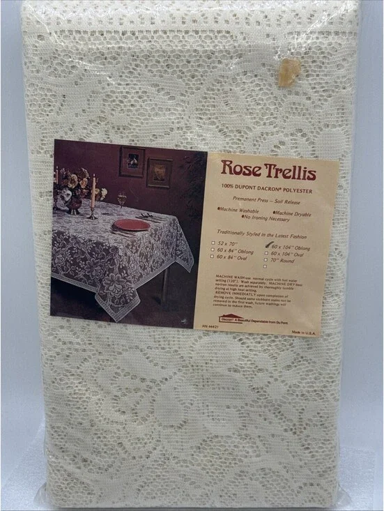 Vintage Lace Tablecloth DuPont Dacron Polyester 60x104” Oblong USA Rose Trellis
