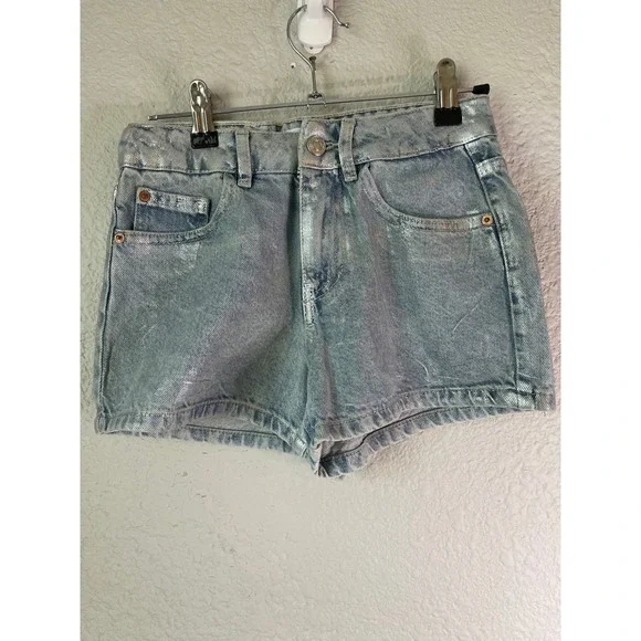 Zara Denim Shorts Silver Metallic Wash High Waisted Girls Size 10‎