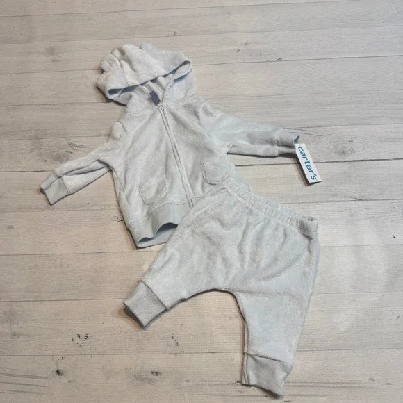 Carters baby terry light blue sweatshirt pant‎ set 3 months NEW