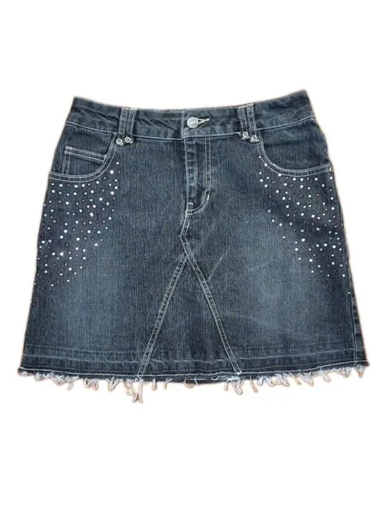 Vintage Y2K Route 66 Denim Skirt Raw Hem Pink & White Rhinestones Girls Size 16