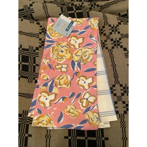 2pc Pink Blue Floral Stripe Spring Easter Kitchen Tea Towel Home Decor 19