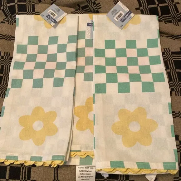 LOT of 3 Kitchen Tea Towels Retro VTG Style Green Checkerboard Yellow Flower Set