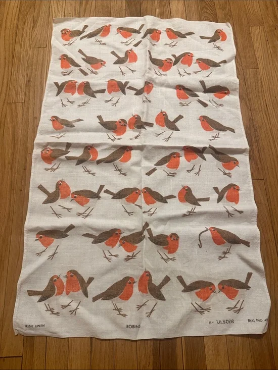 Vintage Irish Linen Robins Tea Towel Ulster Weavers