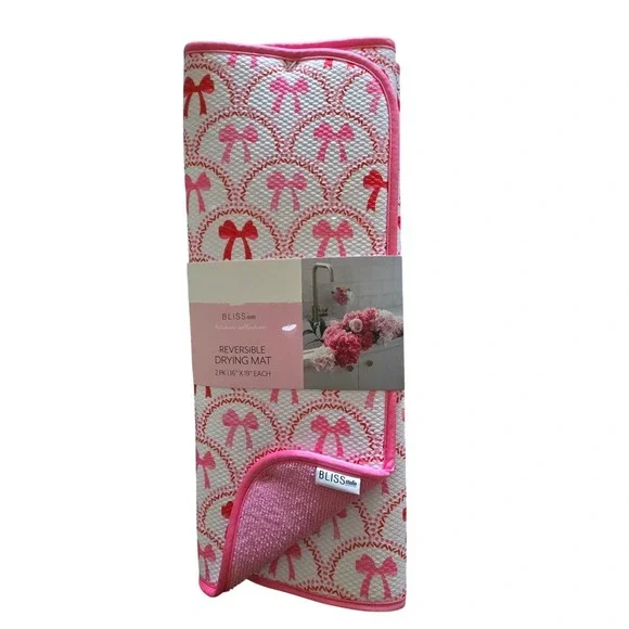 Bliss Studio Reversible Drying Mat 2 Pack Pink New Bow Print 16x19 Kitchen Decor