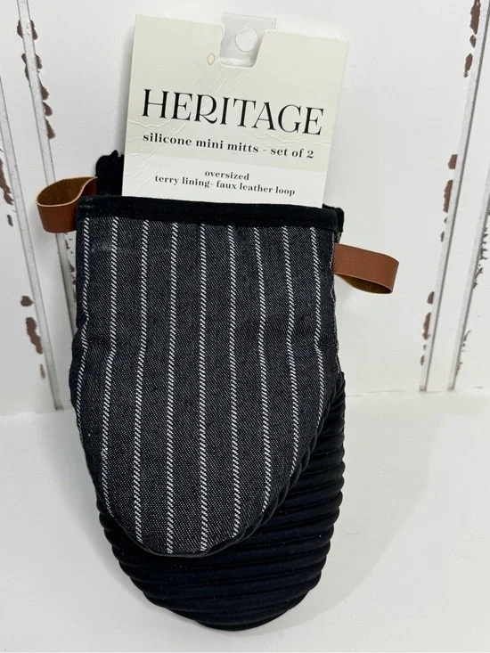 HERITAGE Black and White Pinstripe Silicone Mini Mitts with Brown Loop