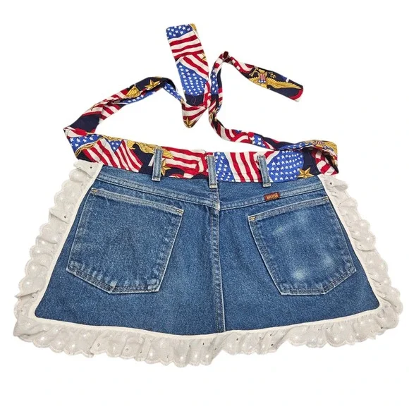 Denim Apron Upcycled Jean Pockets‎ Patriotic American Flag Lace Country Cookout