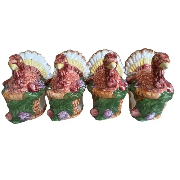 VTG Ceramic Turkey Napkin Rings Holders Thanksgiving/Fall Set Of 4