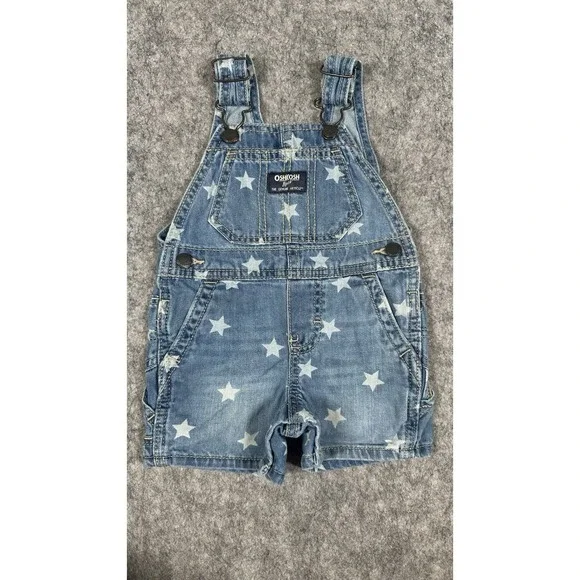 Oshkosh Baby Boy Blue Jean Shortalls Size 6 Months Adjustable Straps Stars