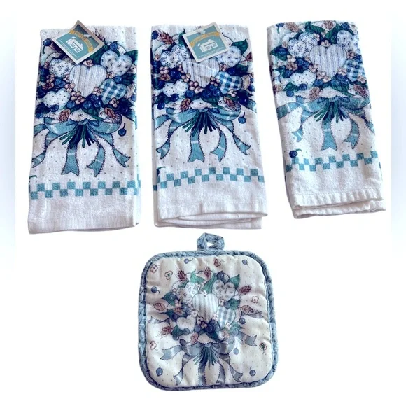 Vintage Kitchen Towels Featuring a Blue/Green/Brown Hearts and Ribbon Bouquet.