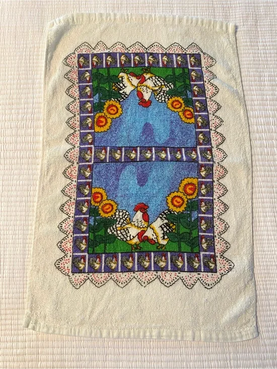 Vintage 1990s Teka Colorful Rooster Chicken Sunflower Kitchen Hand Towel