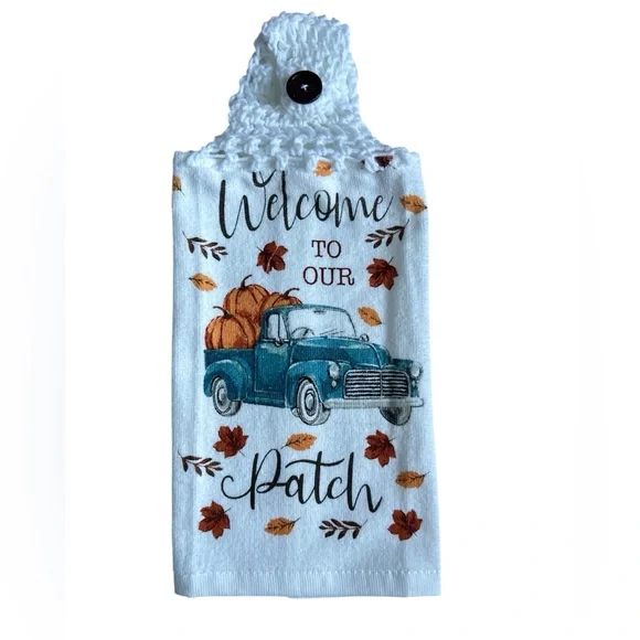 HAND CRAFTED Colorful Fall Pumpkins Crochet Top Hanging Kitchen Hand Towel