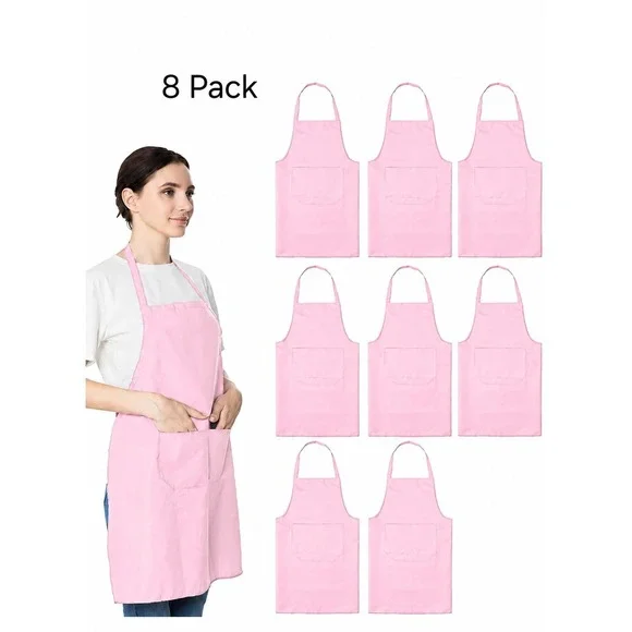 8 Pack Cotton Halter Kitchen Front 2 Pocket Light Pink Bib Apron
